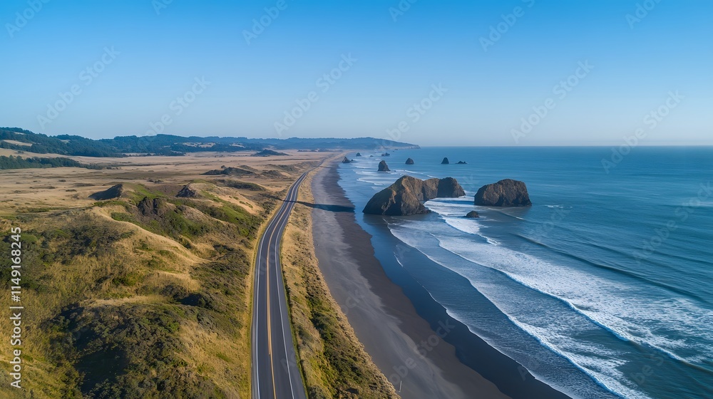Fototapeta premium Coastal Highway Winding Along Scenic Ocean Beach