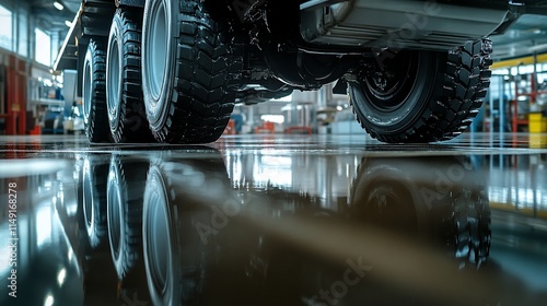 Close-up of truck tires reflecting on a shiny floor in a garage. photo