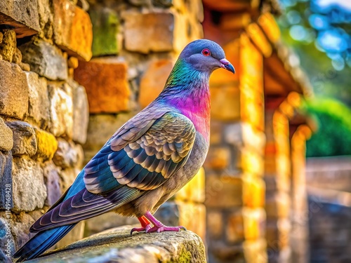 Dove on Ancient Wall, Architectural Photography, AI Art photo