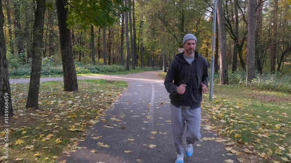 Man jogging on autumn park path. He is wearing grey hoodie, pants and hat Man jogging on autumn park path. He is wearing grey hoodie, pants and hat