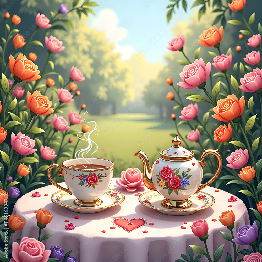 Fototapeta premium Enchanting tea party amidst blooming roses in a serene garden setting, digital illustration of still life concept.