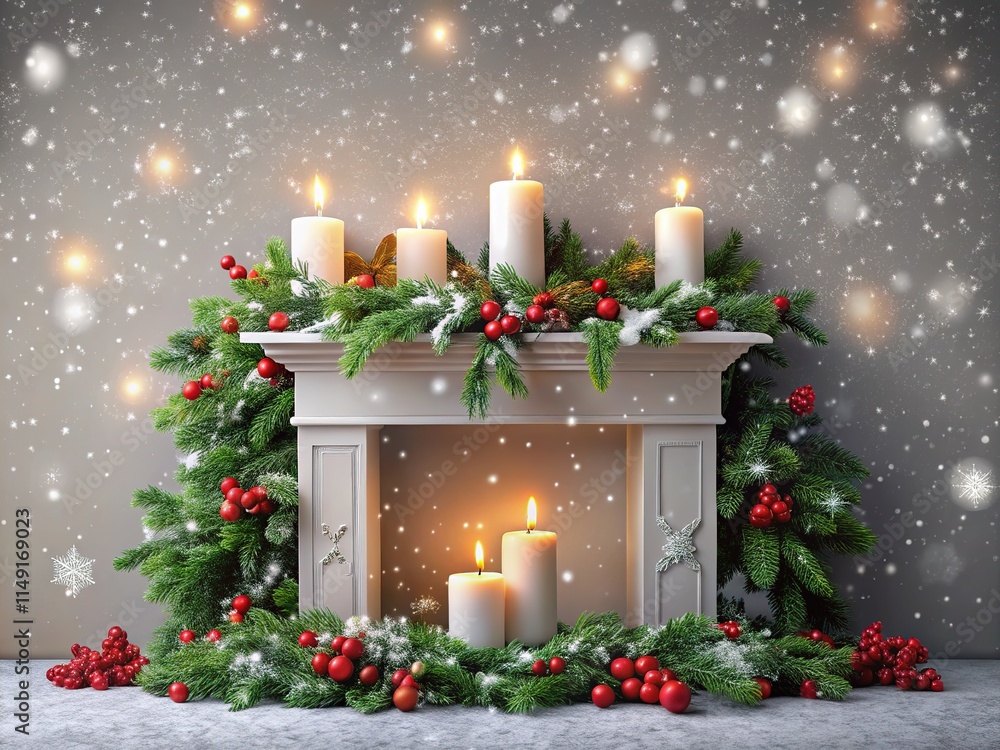 Elegant Fireplace, Snowfall, Holly, Candles Elegant Fireplace, Snowfall, Holly, Candles