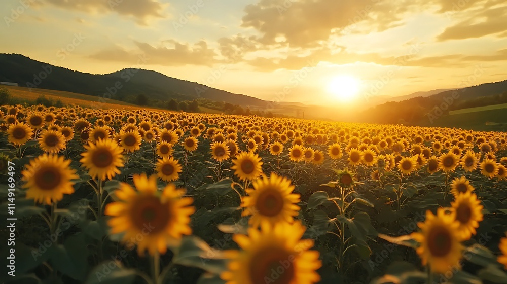Fototapeta premium Sunflower field sunrise rural landscape nature photography serenity