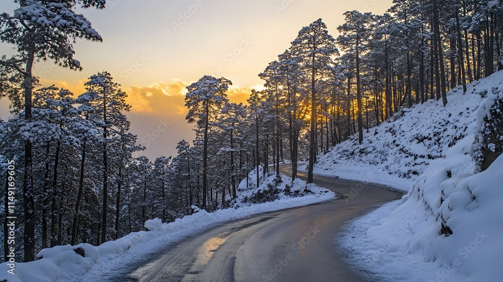 Obraz premium Snow covered winding road through a pine forest at sunset