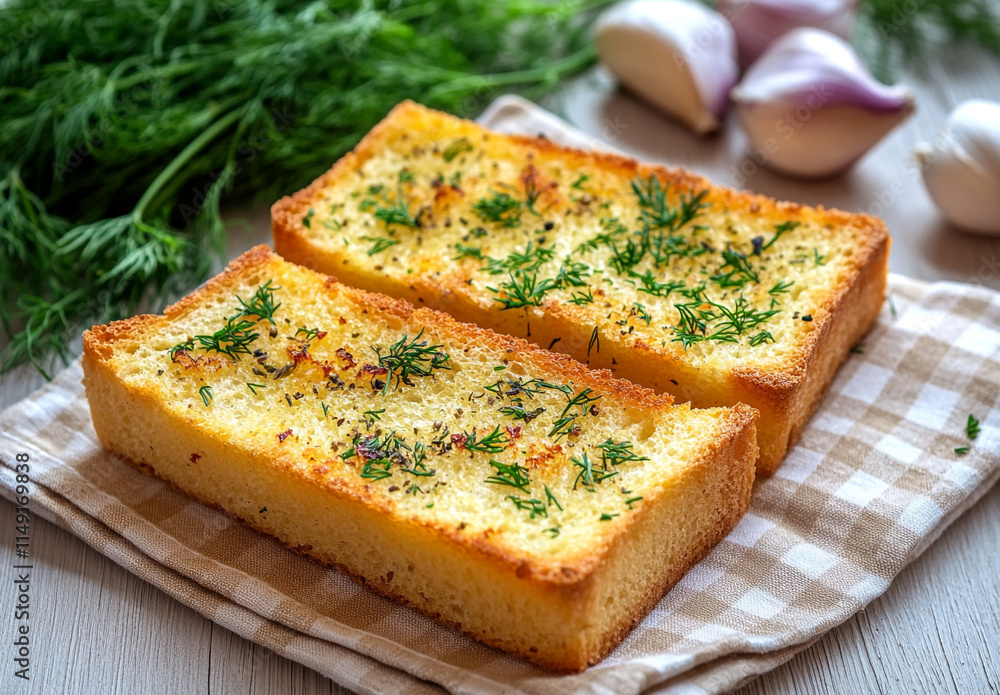 Crispy Garlic Bread Slices on Cloth Napkin Crispy Garlic Bread Slices on Cloth Napkin