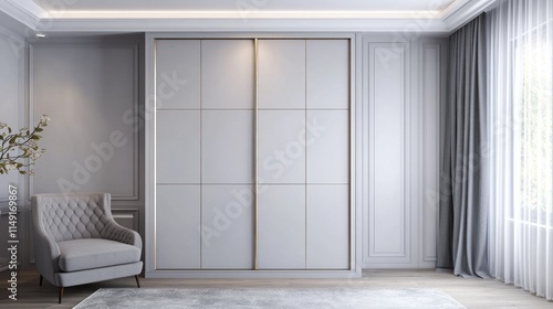 Elegant white sliding door wardrobe in a modern bedroom.