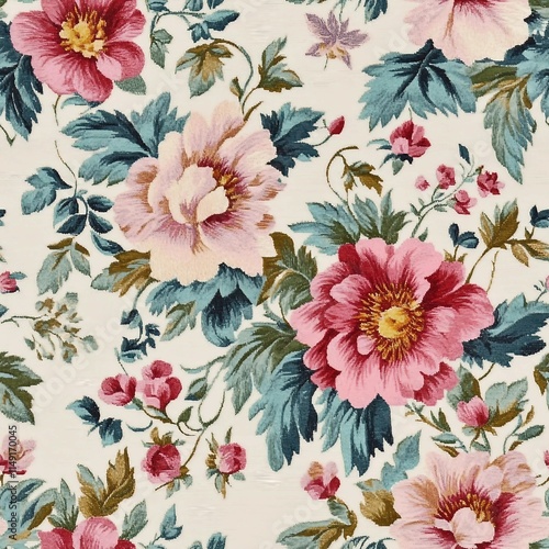 Fragment of colorful retro tapestry textile pattern with floral ornament useful as background