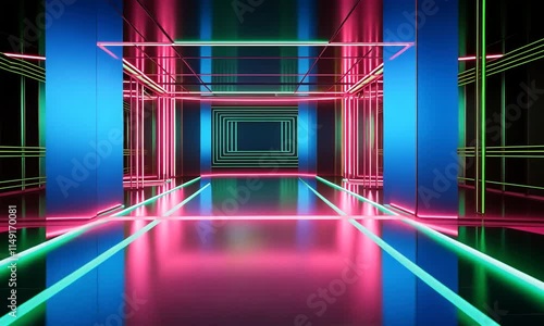 Futuristic neon-lit corridor with vibrant pink and green glowing lines on a dark reflective floor.