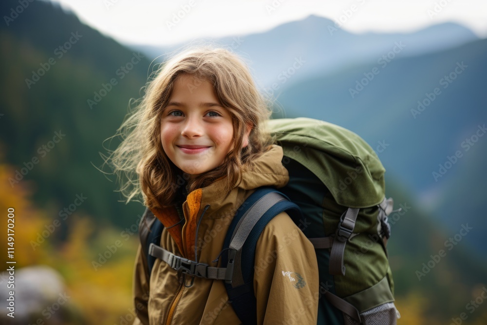 Portrait of a smiling girl with a backpack on the background of mountains Portrait of a smiling girl with a backpack on the background of mountains