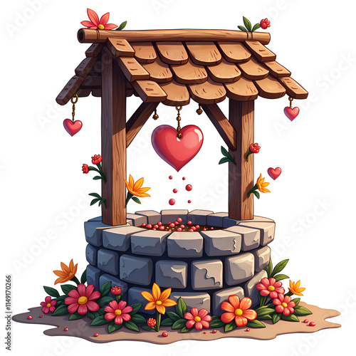 Enchanting heart shaped wishes overflowing from a flower adorned well, digital art of fantasy illustration concept. photo