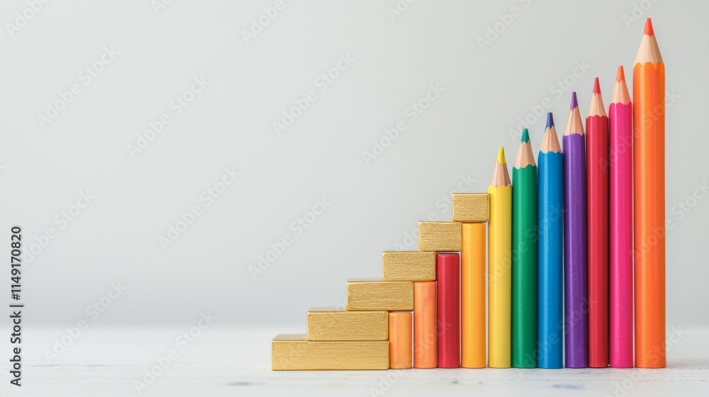 Obraz premium Colorful Staircase of Pencils Rising Upward