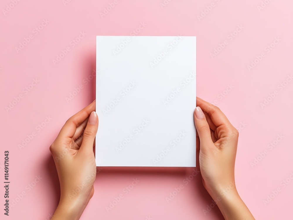 Blank white flyer held gently in two hands, centered on a soft neutral gradient backdrop Blank white flyer held gently in two hands, centered on a soft neutral gradient backdrop