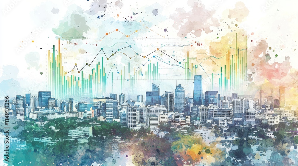 Fototapeta premium Augmented Reality Graphs Above Cityscape