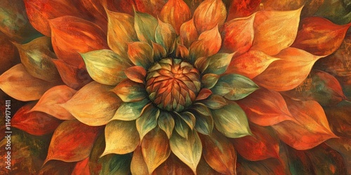 Wallpaper Mural Close-up autumnal flower painting, vibrant orange and green petals. Torontodigital.ca