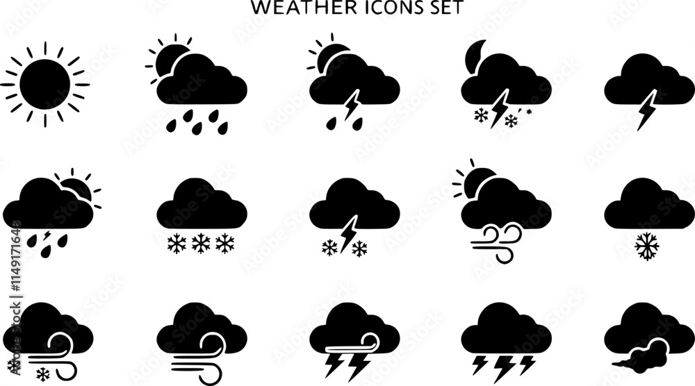 Weather icons. Weather forecast icon set. Clouds logo. Weather , clouds, sunny day, moon, snowflakes, wind, sun day. Vector illustration. Weather icons. Weather forecast icon set. Clouds logo. Weather , clouds, sunny day, moon, snowflakes, wind, sun day. Vector illustration.