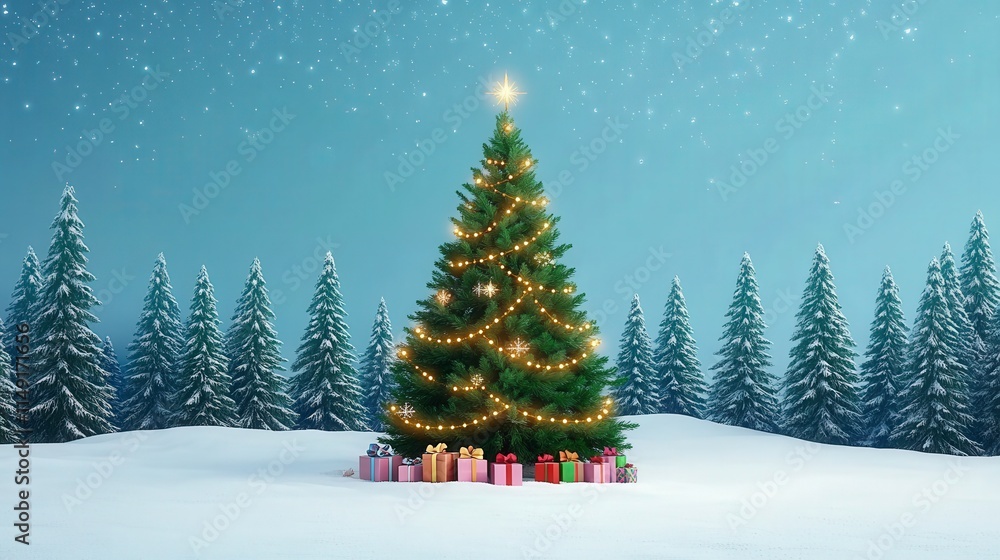 Fototapeta premium A festive scene featuring a decorated Christmas tree surrounded by snow and gifts, set against a backdrop of evergreen trees and a starry sky, evoking holiday spirit and celebration.
