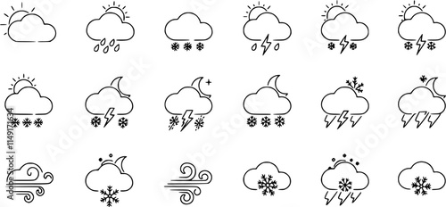 Weather icons. Weather forecast icon set. Clouds logo. Weather , clouds, sunny day, moon, snowflakes, wind, sun day. Vector illustration.