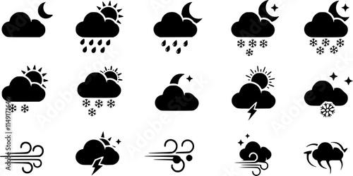 Weather icons. Weather forecast icon set. Clouds logo. Weather , clouds, sunny day, moon, snowflakes, wind, sun day. Vector illustration.