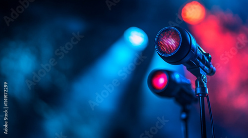 Colorful stage microphones ready for a live music performance at night. 