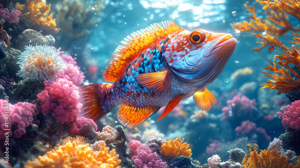 A triggerfish resting near the bottom of a reef, vibrant coral formations and anemones in the background, dappled sunlight filtering through the water, serene and immersive underwater mood A triggerfish resting near the bottom of a reef, vibrant coral formations and anemones in the background, dappled sunlight filtering through the water, serene and immersive underwater mood