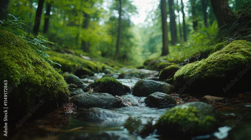 A Tranquil Stream Flowing Through a Lush Green Forest A Tranquil Stream Flowing Through a Lush Green Forest