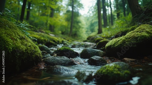 A Tranquil Stream Flowing Through a Lush Green Forest