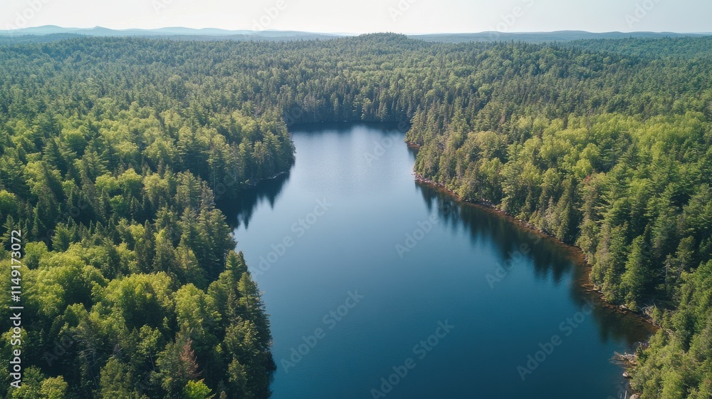Aerial View of Serene Lake Surrounded by Lush Green Forests Aerial View of Serene Lake Surrounded by Lush Green Forests
