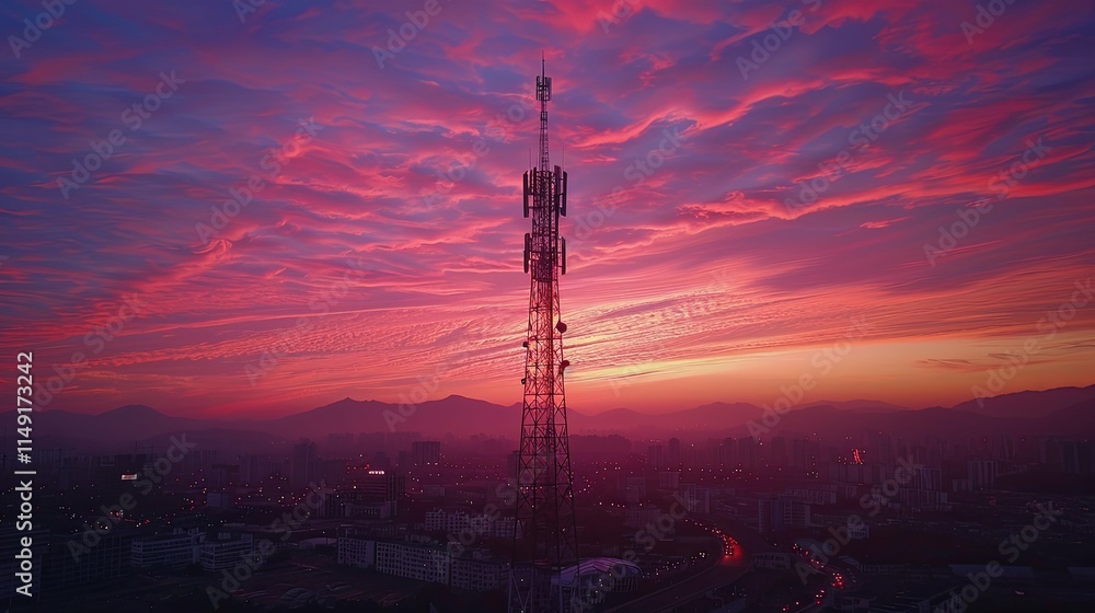 Naklejka premium Vibrant Sunset Hues Over Cityscape with Communication Tower