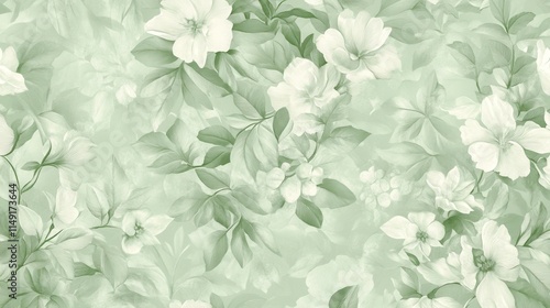 Soft Floral Pattern with Green Background and Delicate Flowers