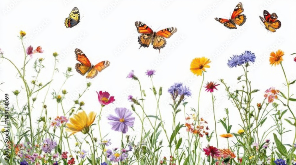 Colorful Butterflies Flying Over a Vibrant Field of Wildflowers Colorful Butterflies Flying Over a Vibrant Field of Wildflowers