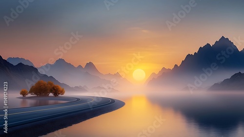 A coastal road meandering through vast mountain cliffs and hugging a calm sea shoreline. Warm sunset light bathes the road and landscape in delicate tones, with drifting clouds adding atmosphere. 