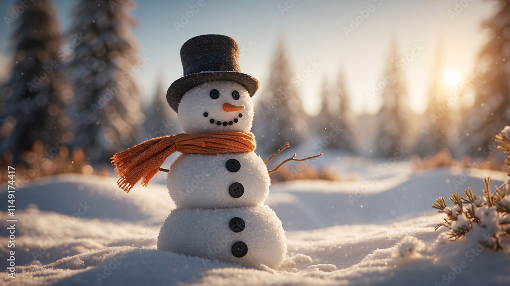 Obraz premium Winter snow scene with snowman wearing orange knitted scarf and black hat under twilight sky with snowy trees