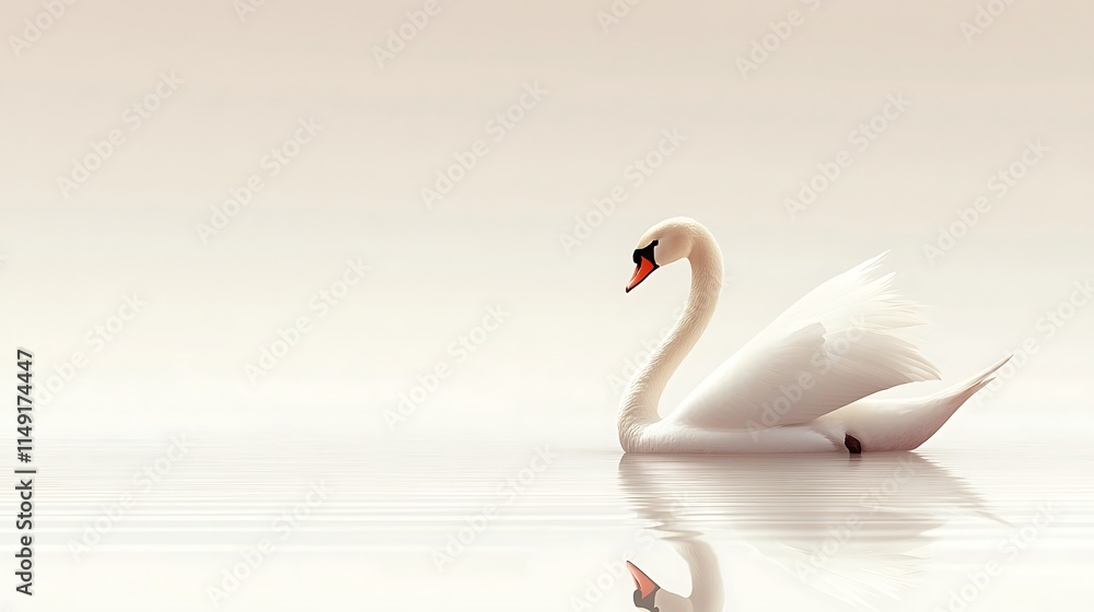Fototapeta premium Serene white swan gracefully floats on calm water, reflecting its elegant form.