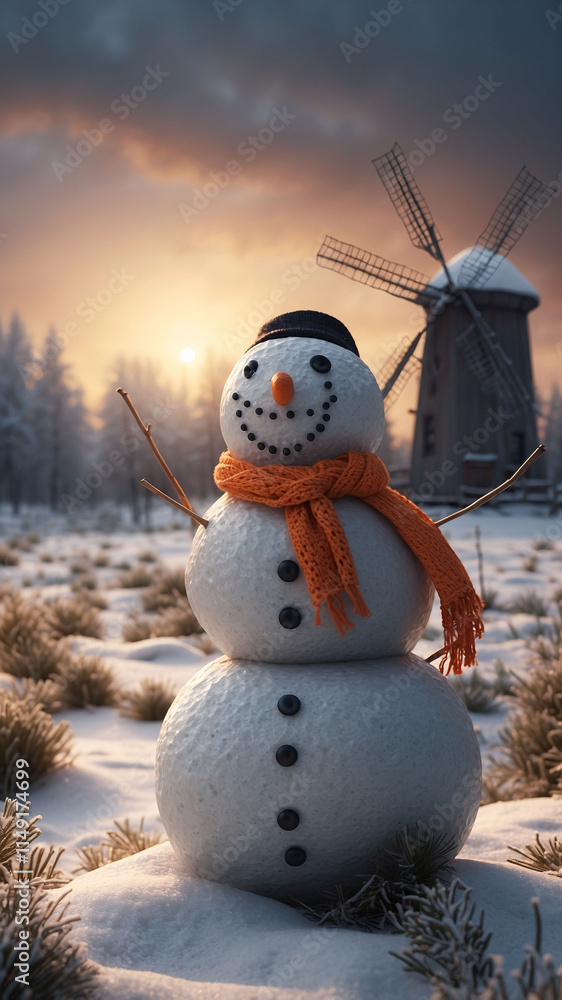 Obraz premium Winter wonderland with snowman in black hat and orange scarf surrounded by snow-covered trees under twilight sky