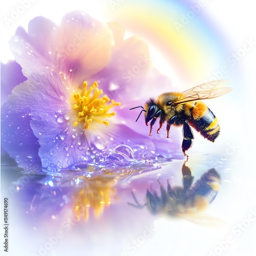 A bee collects nectar from a vibrant flower under a rainbow, reflecting nature's beauty. photo