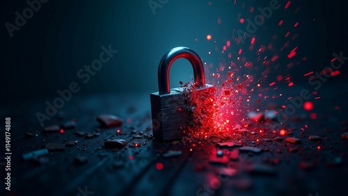 Padlock Breaking Apart with Red Debris and Blue Background