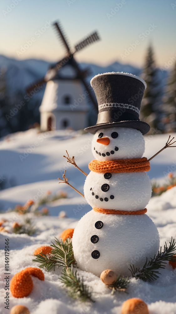 Obraz premium Snowman in black hat and orange knitted scarf glowing under twilight sky surrounded by snowy pine trees