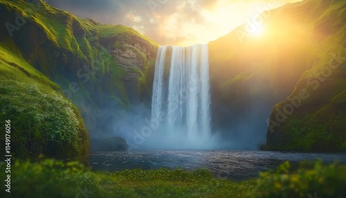 waterfall in the mountains, A Cascading Waterfall Surrounded by Lush Green Vegetation with Sunlight Creating a Vibrant Rainbow in the Mist for Nature, Landscape, and Outdoor Adventure Photography