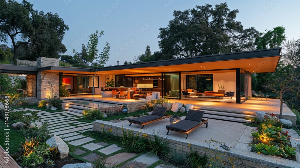 Fototapeta premium Modern Ranch House with Expansive Patio and Lush Landscaping at Dusk