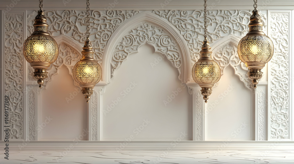 Fototapeta premium Elegant interior featuring ornate wall carvings and decorative hanging lanterns.