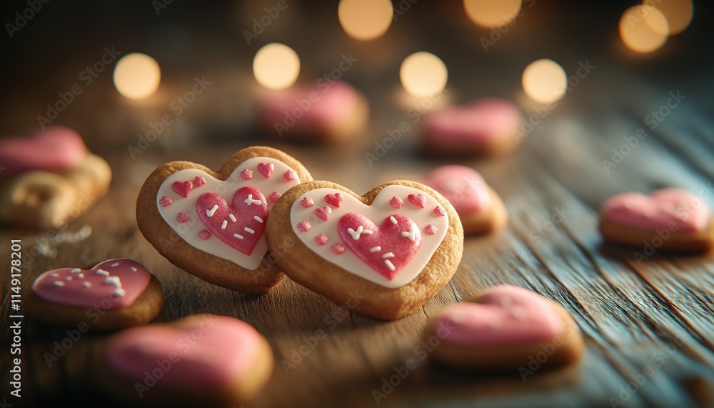 Close-up of Heart-Shaped Cookies Decorated with Frosting, Set on a Rustic Wooden Table with Ultra-Detailed Textures and Warm Lighting, Perfect for Valentine’s Day, Baking, and Holiday Treats Close-up of Heart-Shaped Cookies Decorated with Frosting, Set on a Rustic Wooden Table with Ultra-Detailed Textures and Warm Lighting, Perfect for Valentine’s Day, Baking, and Holiday Treats