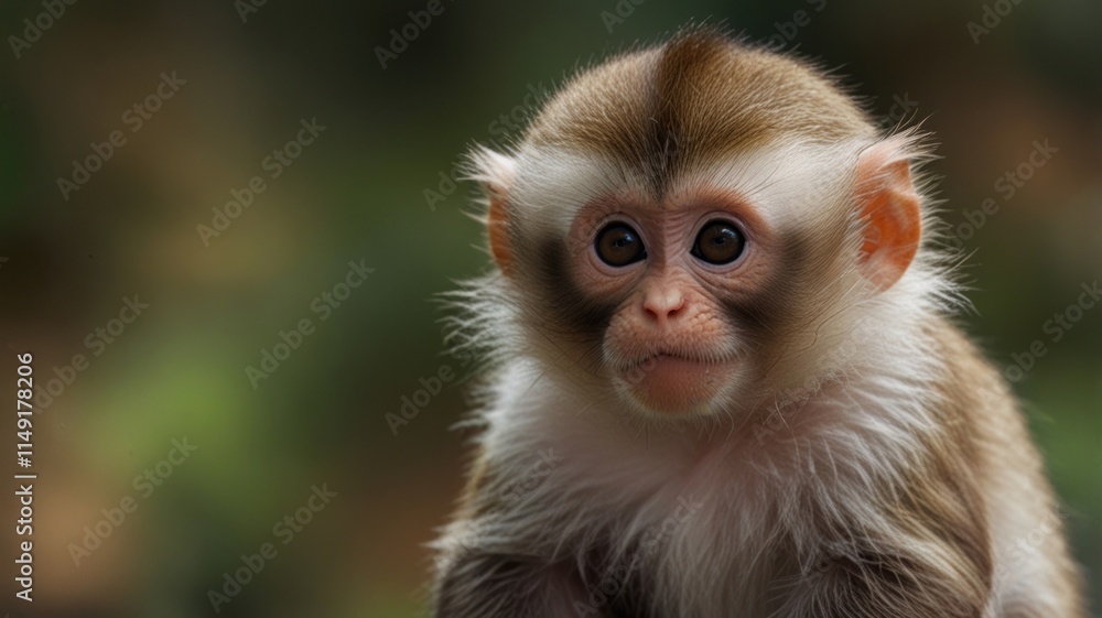 Close-up of a baby monkey with large, expressive eyes, soft fur, and a curious expression against a blurred background of foliage. Close-up of a baby monkey with large, expressive eyes, soft fur, and a curious expression against a blurred background of foliage.