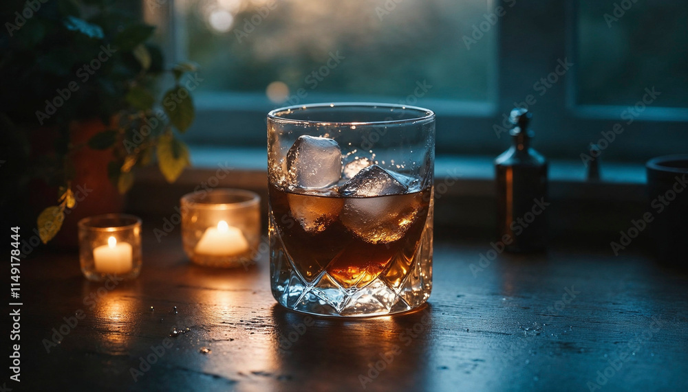 Whiskey glass with ice and candlelight Whiskey glass with ice and candlelight