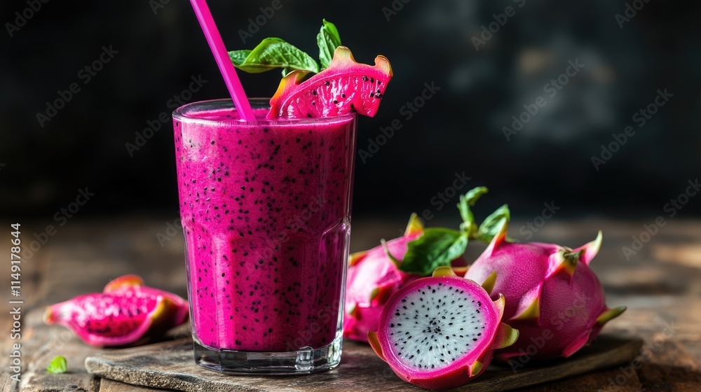 Refreshing Dragon Fruit Smoothie with a Pink Straw Refreshing Dragon Fruit Smoothie with a Pink Straw