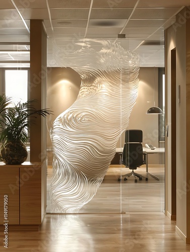 Sculptural etched glass divider with a soft nature-inspired design, placed in a minimalist office for and separation.