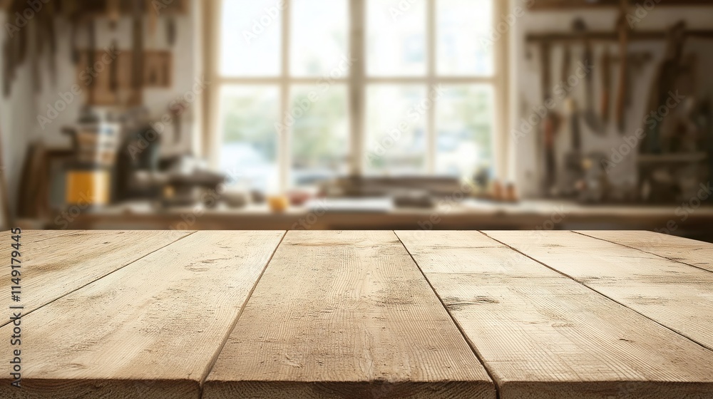 Empty wooden table in carpentry workshop. Tools on wall blurred background. Natural light through window. Carpentry tools, equipment visible in background. Perfect for furniture design concepts craft Empty wooden table in carpentry workshop. Tools on wall blurred background. Natural light through window. Carpentry tools, equipment visible in background. Perfect for furniture design concepts craft