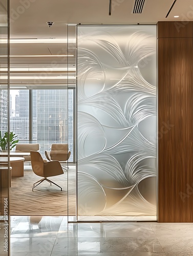 Sculptural etched glass divider with a soft nature-inspired design, placed in a minimalist office for and separation.
