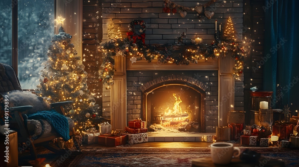 Cozy Christmas Fireplace Scene With Decorated Tree And Gifts Cozy Christmas Fireplace Scene With Decorated Tree And Gifts