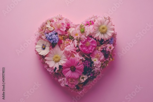 Heart-shaped floral arrangement of pink, purple, and white flowers on a pink background.