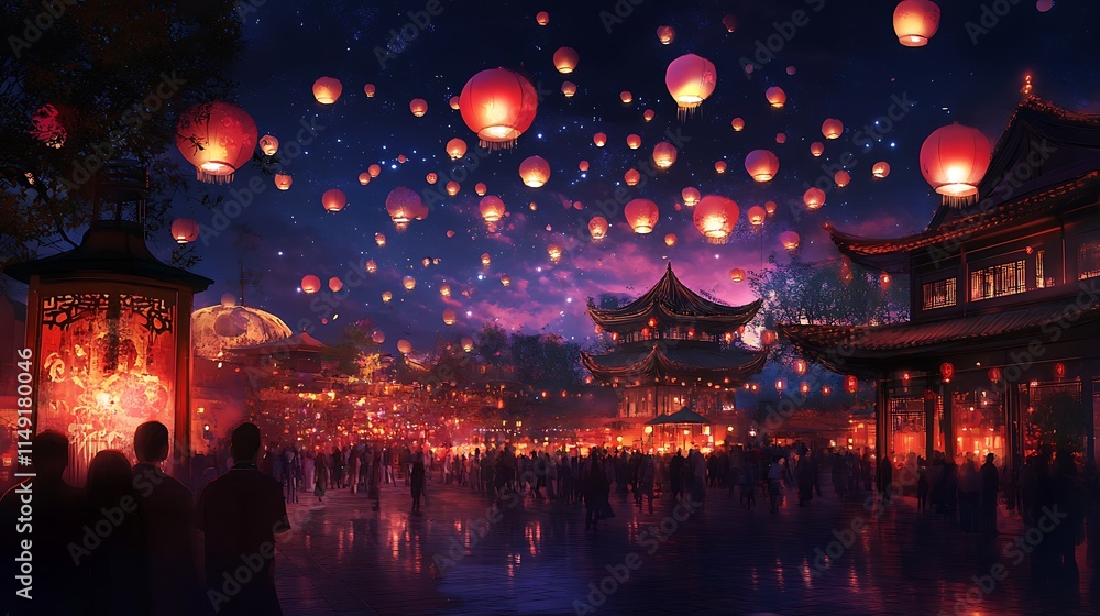 Fototapeta premium A vibrant scene of a lantern release event at night, with floating lanterns illuminating the sky during an Asian festival 